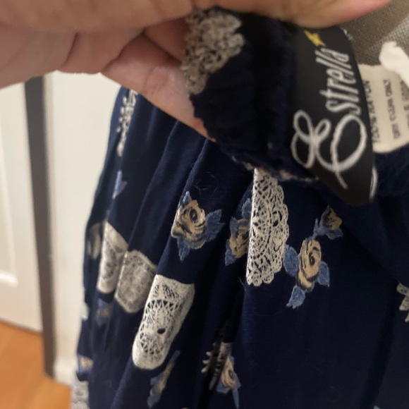 Vintage Viscose Blue and Tan Printed Tea Length Folk Skirt - Picture 5 of 7